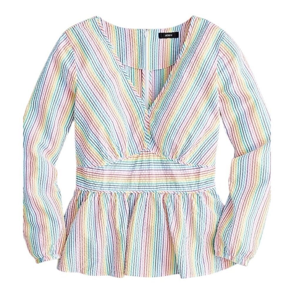 J. Crew 100% cotton V-neck peplum top in rainbow seersucker size 2